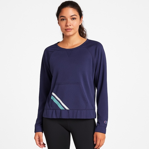 CHAMPION Navy Blue Mesh Pullover Long Sleeve Pocket Sweatshirt Medium - Picture 1 of 7